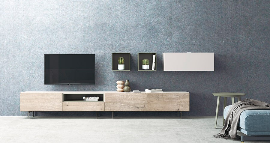 Salón Oslo 4 de Costera Mobles,  con módulos con patas, módulo colgante y cubo colgante