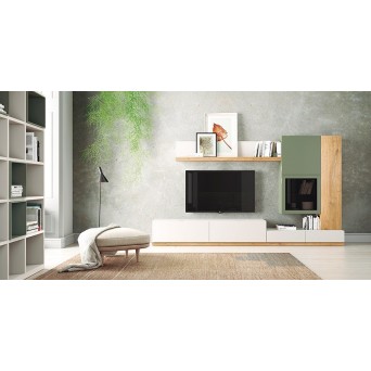 Salón Oslo 6, de Costera Mobles, en roble viejo natural, arena y verde mate 2