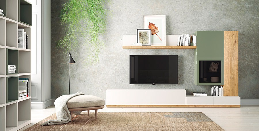 Vista ambiente del Salón Oslo 6 de Costera Mobles, con módulos con zócalo y colgantes verticales