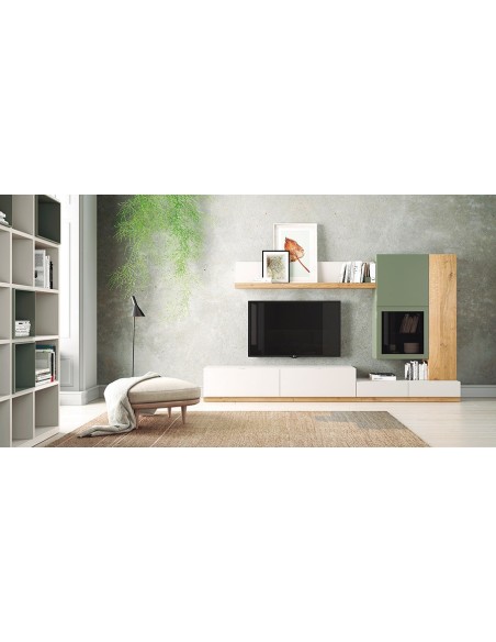 Vista ambiente del Salón Oslo 6 de Costera Mobles, con módulos con zócalo y colgantes verticales