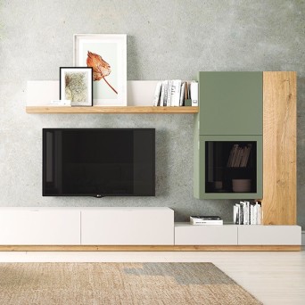 Salón Oslo 6, de Costera Mobles, en roble viejo natural, arena y verde mate
