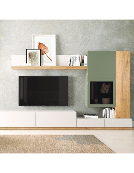 Salón Oslo 6, de Costera Mobles, en roble viejo natural, arena y verde mate