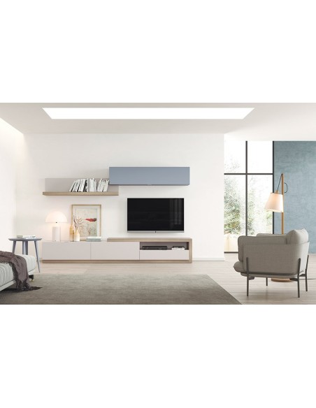 Salón Oslo 8 de Costera Mobles, con módulos con zócalo, sobre tapa, módulo colgante y estante