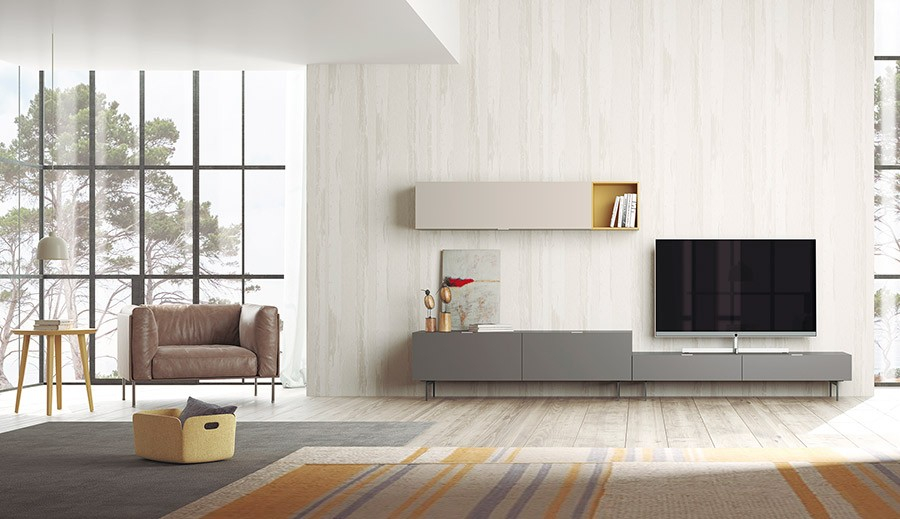 Vista en ambiente del Salón Oslo 11, con módulo con patas,  módulo bajo, colgante horizontal y cubo colgante