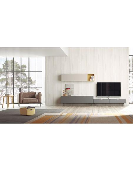 Vista en ambiente del Salón Oslo 11, con módulo con patas,  módulo bajo, colgante horizontal y cubo colgante