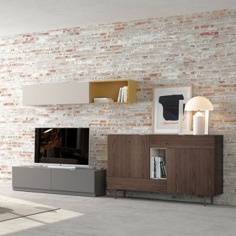 Salón Oslo 12 de Costera Mobles, con módulo con zócalo, aparador con patas, colgante horizontal y cubo colgante