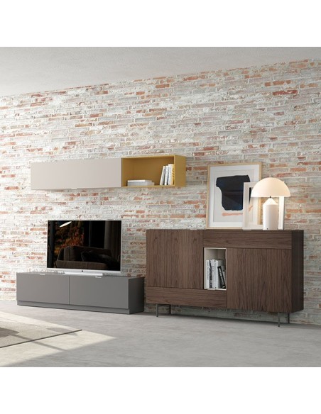 Salón Oslo 12 de Costera Mobles, con módulo con zócalo, aparador con patas, colgante horizontal y cubo colgante