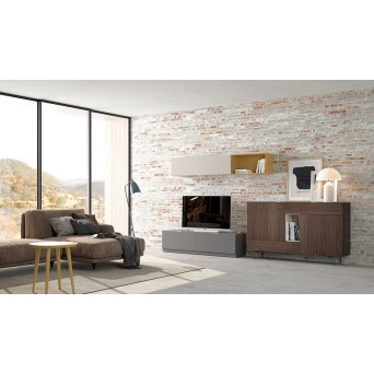 Salón Oslo 12 de Costera Mobles, con módulo con zócalo, aparador con patas, colgante horizontal y cubo colgante 2