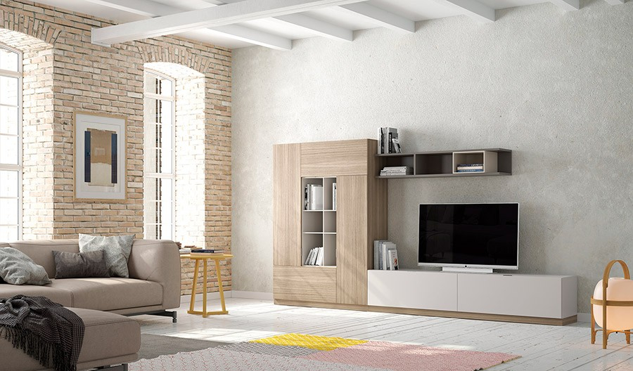 Salón Oslo 13 de Costera Mobles, con singular con zócalo, módulo con zócalo con dos puertas abatibles y colgante irregular