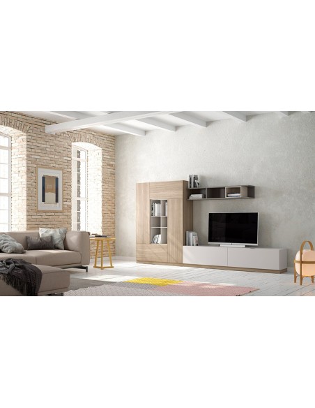 Salón Oslo 13 de Costera Mobles, con singular con zócalo, módulo con zócalo con dos puertas abatibles y colgante irregular