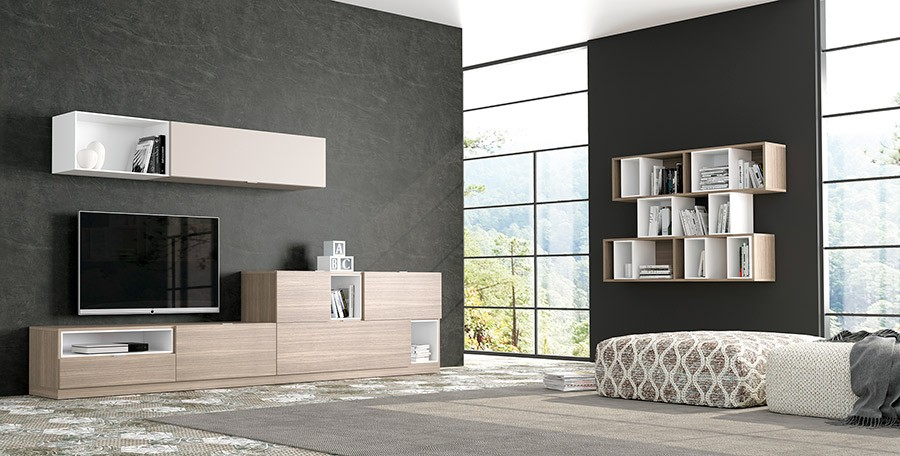 Vista ambiente del salón Oslo 14 de Costera Mobles, con módulo y aparador con zócalo