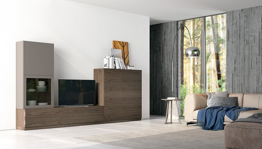 Vista en ambiente del Salón Oslo 15 de Costera Mobles, con módulo y contenedor con zócalo y colgante vertical