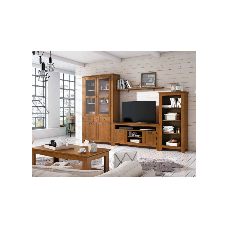 Vista ambiente del Salón IND 255, con vitrina alta de dos puertas, mueble tv, librero bajo y estante