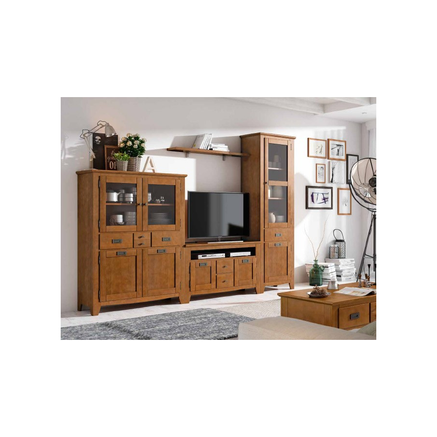 Salón IND 256, con mueble tv, dos vitrinas y estante
