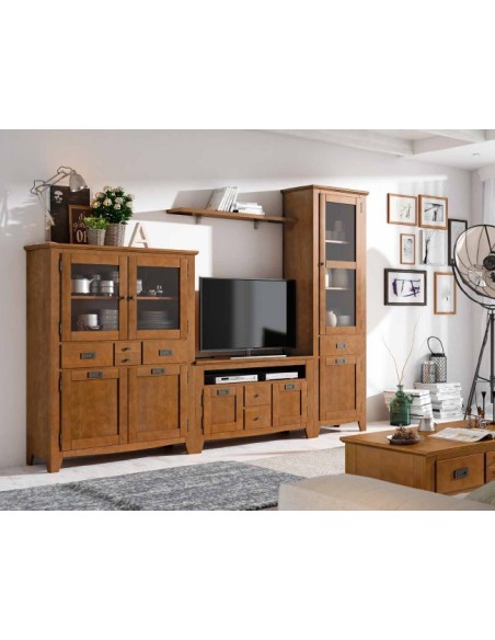 Salón IND 256, con mueble tv, dos vitrinas y estante