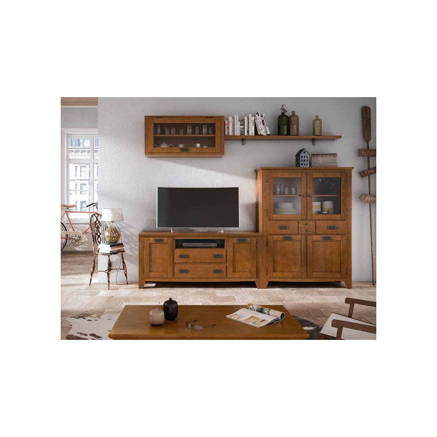 Salón IND 262, con vitrina baja de dos puertas, mueble tv, mueble alto con perta cristal y estante