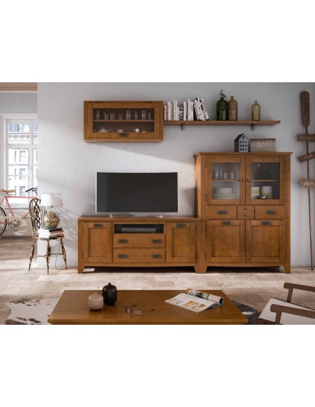 Salón IND 262, con vitrina baja de dos puertas, mueble tv, mueble alto con perta cristal y estante