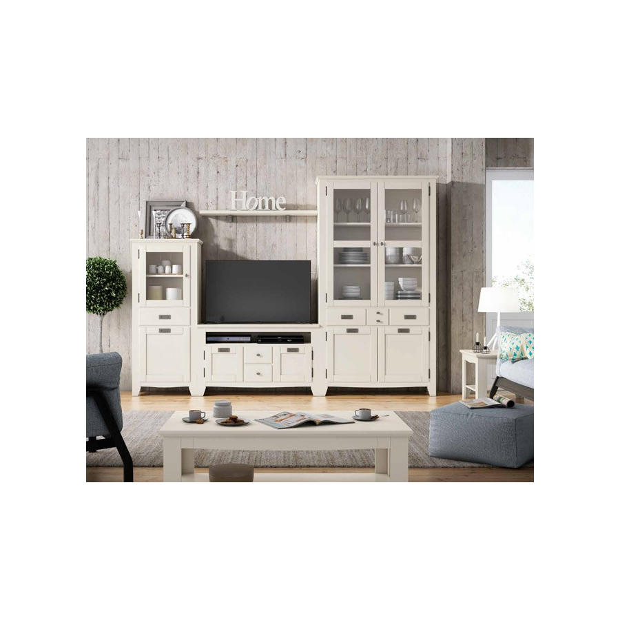 Salón IND 258, con mueble tv, dos vitrinas y estante