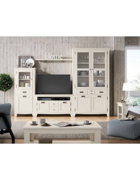 Salón IND 258, con mueble tv, dos vitrinas y estante