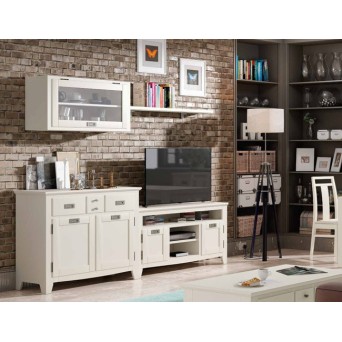 Salón IND 260, de estilo rústico, con aparador,  mueble tv, estante y módulo alto con puerta de cristal 2