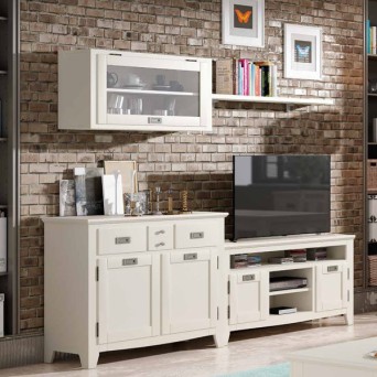 Salón IND 260, de estilo rústico, con aparador,  mueble tv, estante y módulo alto con puerta de cristal