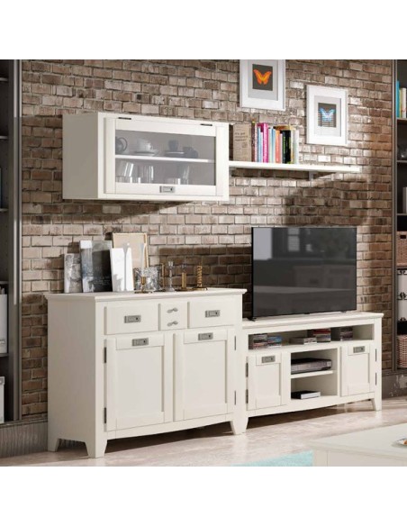 Salón IND 260, de estilo rústico, con aparador,  mueble tv, estante y módulo alto con puerta de cristal