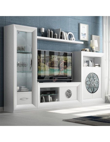 Salón MX15 de Franco Furniture, acabado lacado blanco y detalles metal cromado