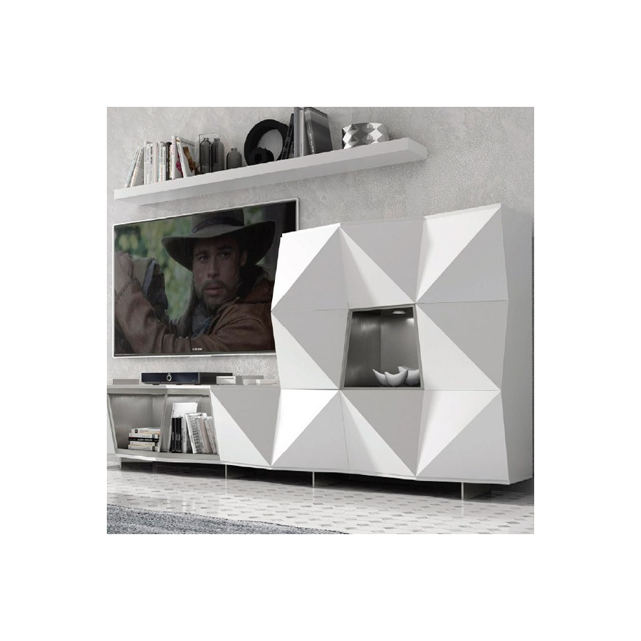 Salón MX20 de Franco Furniture, lacado en blanco mate con detalles en plata vieja