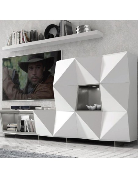 Salón MX20 de Franco Furniture, lacado en blanco mate con detalles en plata vieja