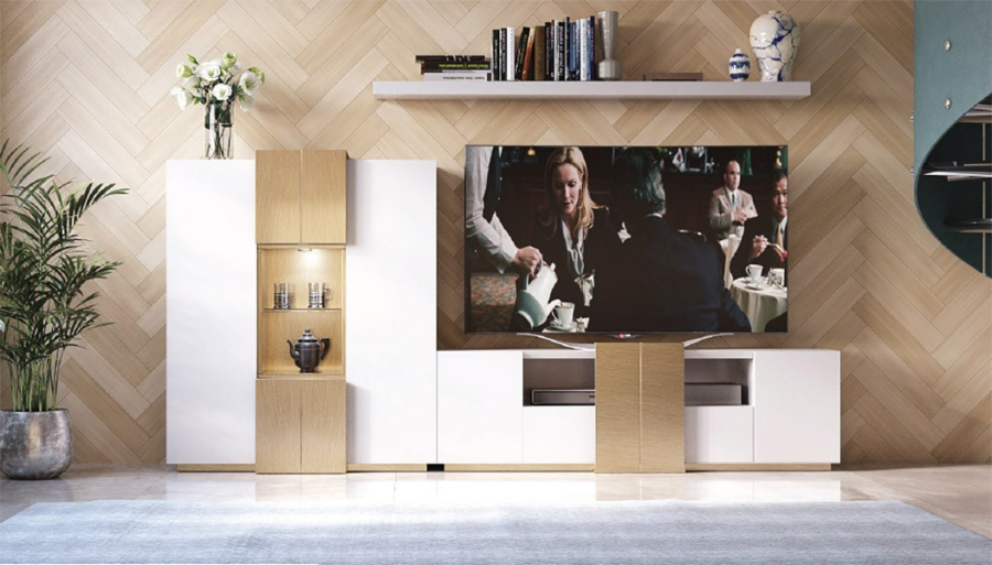 Vista frontal del Salón MX19 de Franco Furniture, lacado en blanco mate y detalles en oro viejo