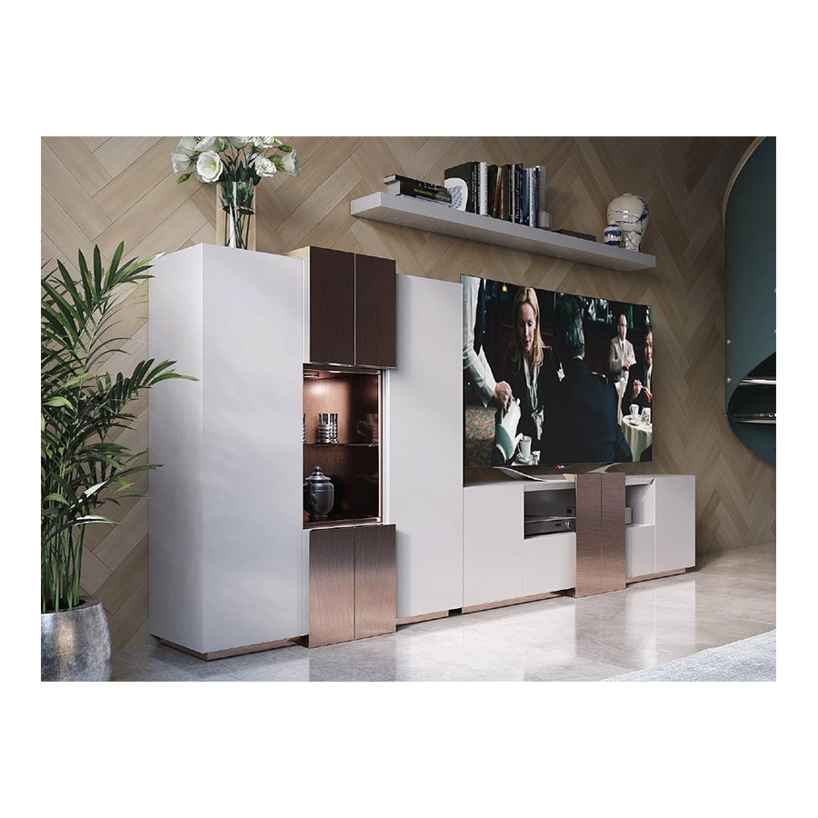 salón MX19 de Franco Furniture, con mueble tv, aparador con dos puertas, estante e iluminación LED