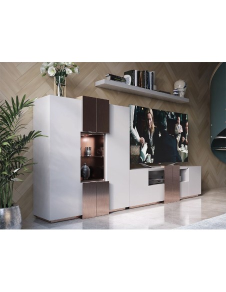 salón MX19 de Franco Furniture, con mueble tv, aparador con dos puertas, estante e iluminación LED