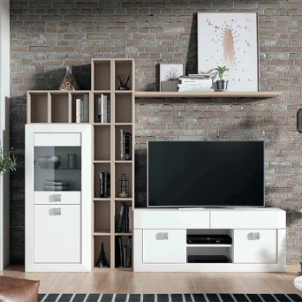 Salón Neva 618, fabricado en melamina y madera de pino y acabado color nieve y visón