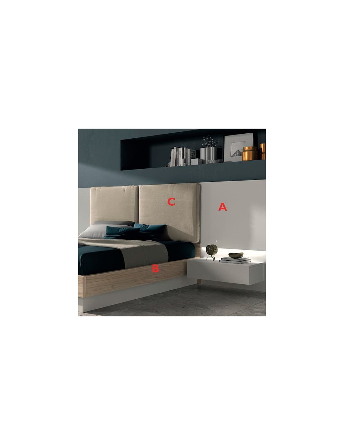 Dormitorio de matrimonio Indy de Glicerio Chaves en gris lacado, habana y tapizado babel sand