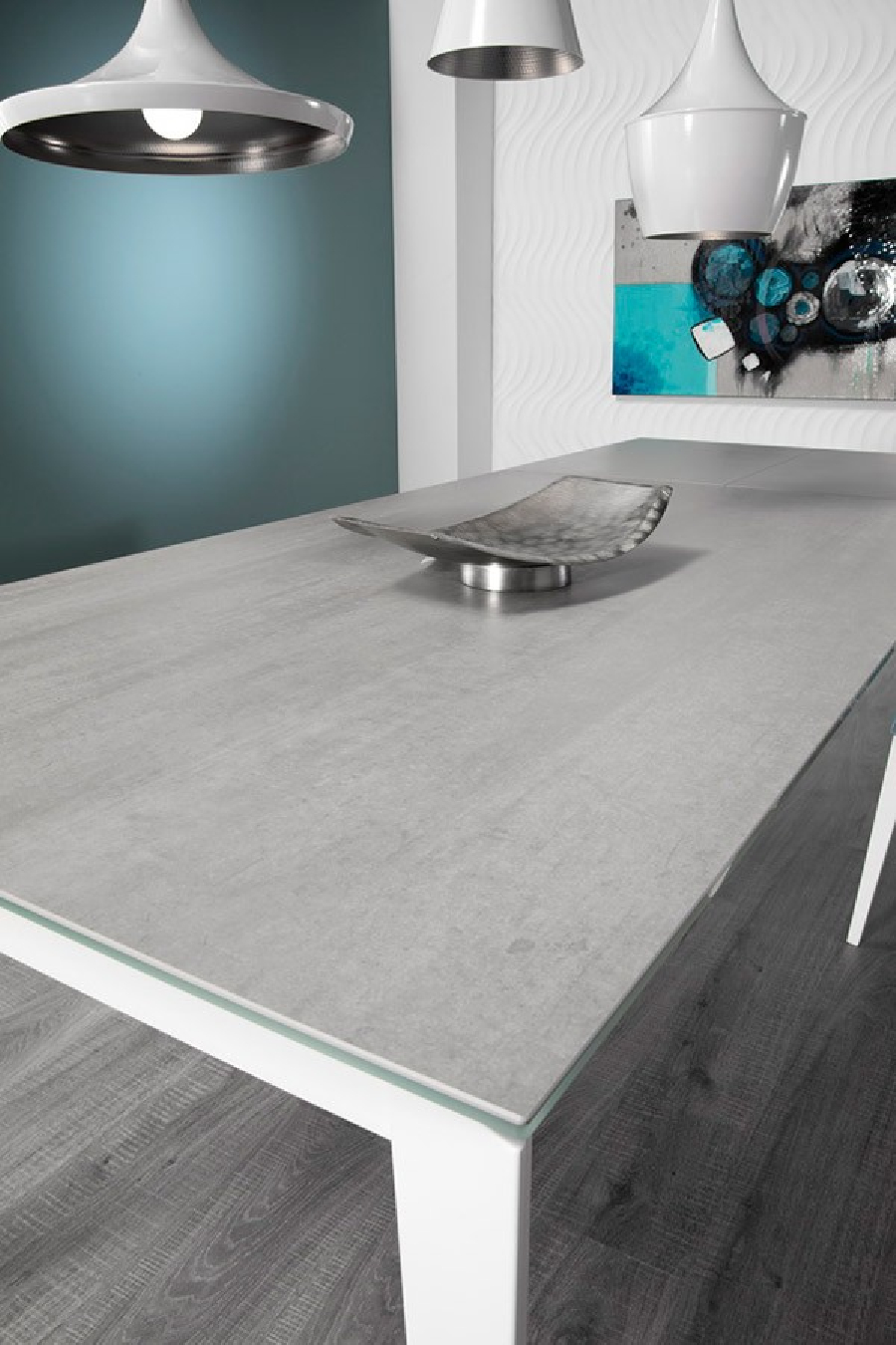 mesa rectangular fija modelo geo con tapa porcelánica y patas lacadas blancas