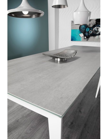 mesa rectangular fija modelo geo con tapa porcelánica y patas lacadas blancas