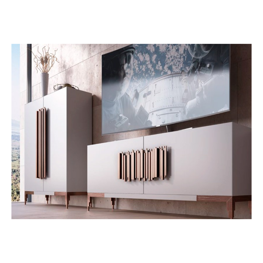 Vista inferior del Salón MX18 de Franco Furniture, lacado en blanco mate con detalles en cobre viejo