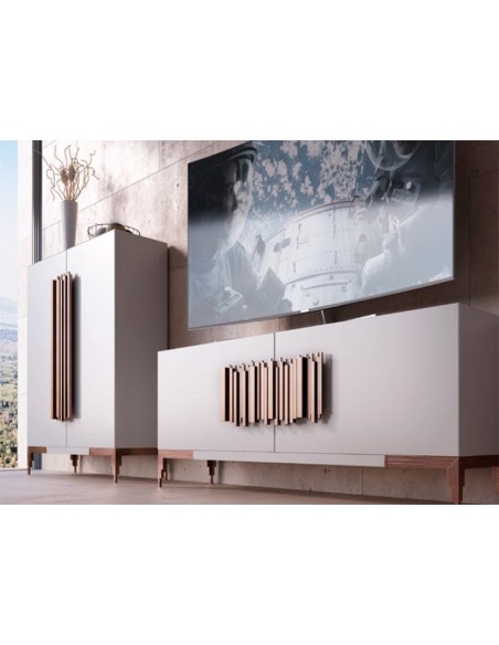 Vista inferior del Salón MX18 de Franco Furniture, lacado en blanco mate con detalles en cobre viejo