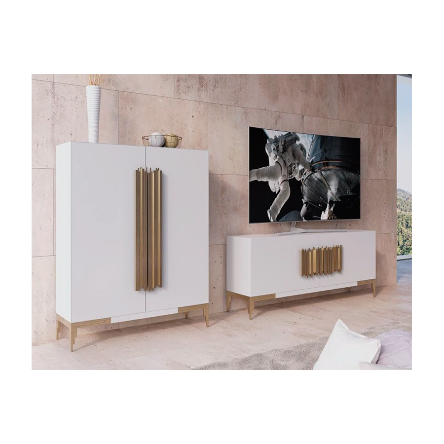 Salón MX18 de Franco Furniture, lacado en blanco mate con detalles en oro viejo