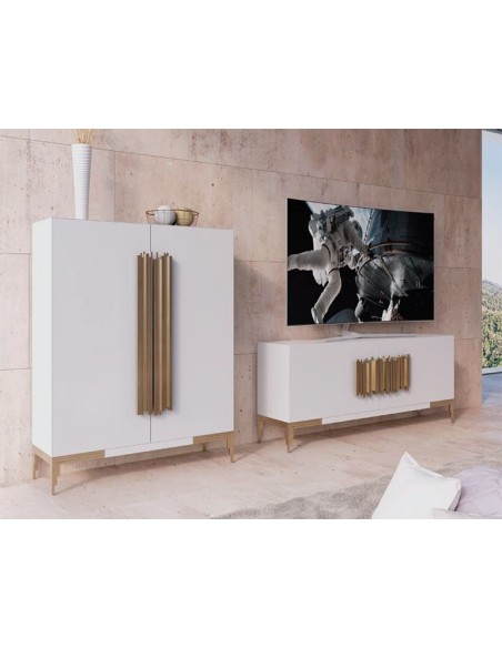 Salón MX18 de Franco Furniture, lacado en blanco mate con detalles en oro viejo