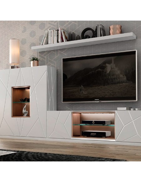 Salón MX21, de Franco Furniture, en blanco mate y detalles en bronce viejo