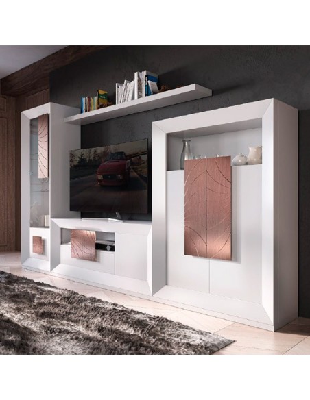 Salón MX23 de Franco Furniture, en blanco mate y detalles cobre