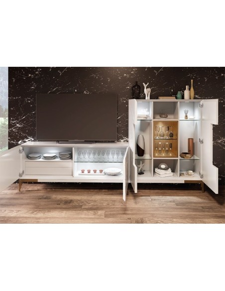 Detalle del interior del mueble bajo y la vitrina del Salón MX26 de Franco Furniture