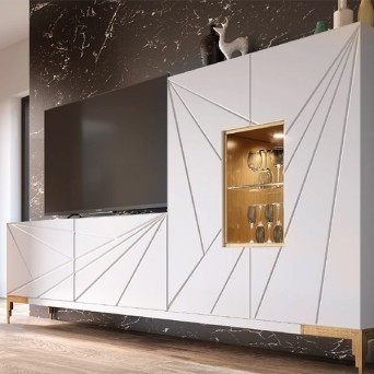 Salón MX26, de Franco Furniture, acabado blanco mate y detalles oro viejo