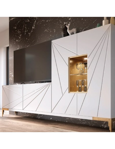 Salón MX26, de Franco Furniture, acabado blanco mate y detalles oro viejo