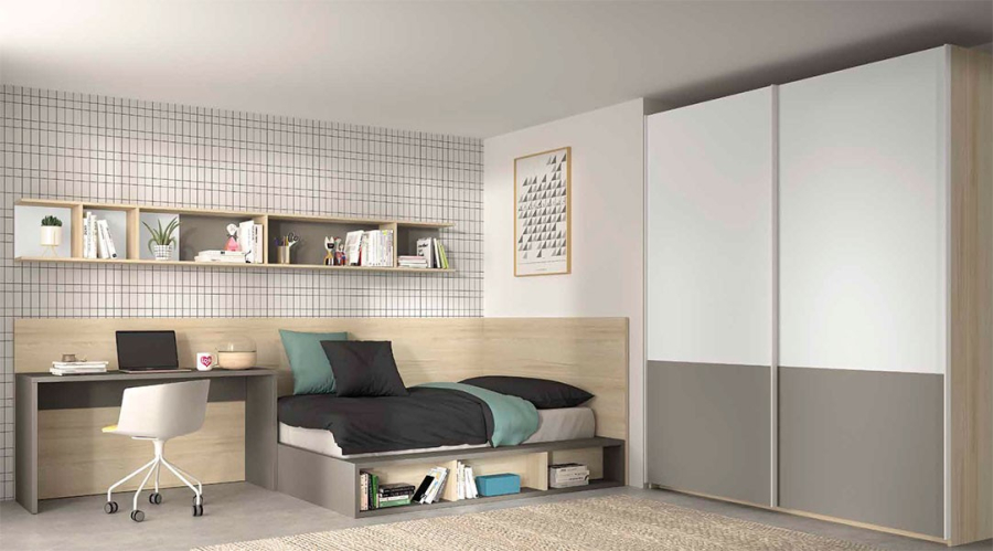 Composición con zona de cama, escritorio y armario