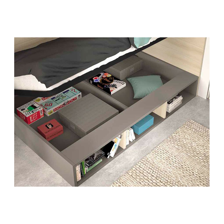 Cama con apertura lateral y estantería inferior