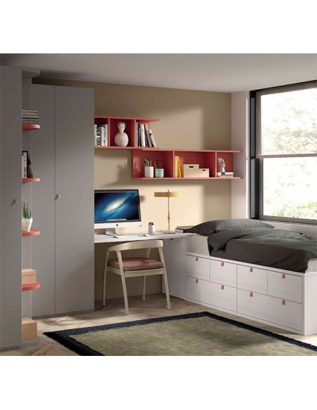 Dormitorio juvenil F024 con armario y zona de estudio