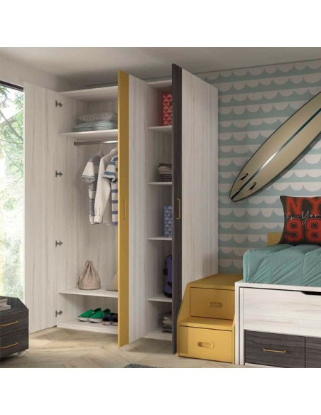 Dormitorio compacto con cama nido y armario