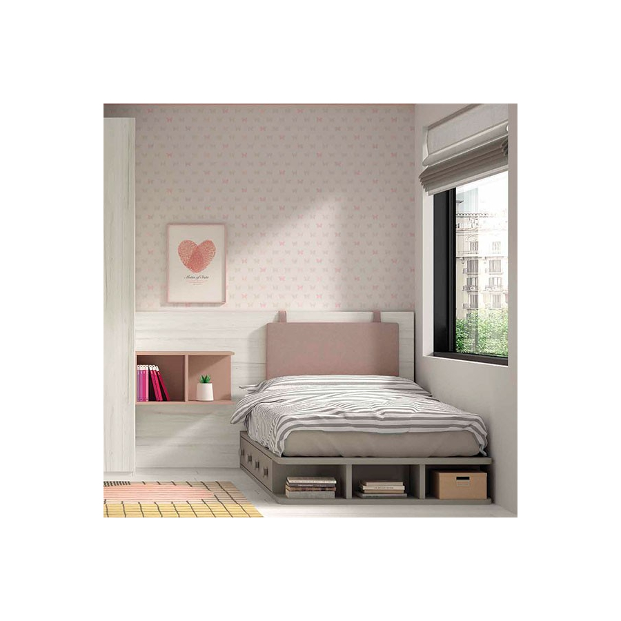 Dormitorio juvenil modelo F08 con zona de cama, armario y estudio